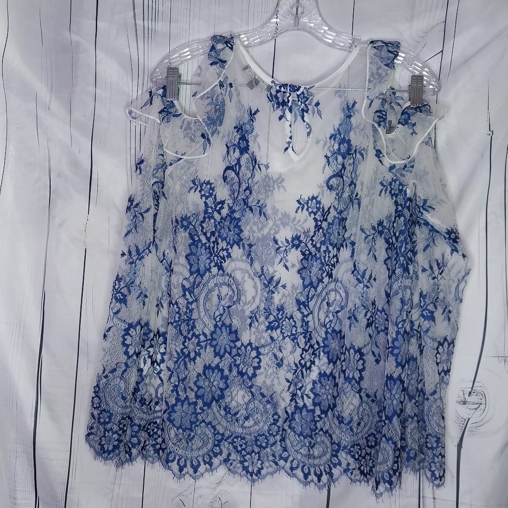 Fashion Nova Sheer Cold Shoulder Blue And White Floral Lace Romantic Top - Picture 5 of 10